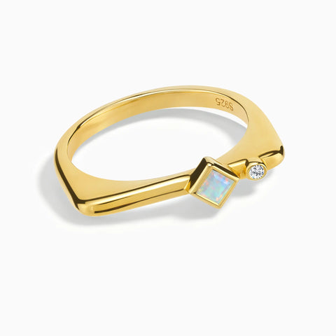 18KT Yellow Gold Vermeil Square Opal Puzzle Stacking Ring - Minimal Light Front View