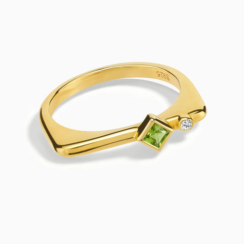 18KT Yellow Gold Vermeil Square Peridot Puzzle Stacking Ring - Minimal Light Front View
