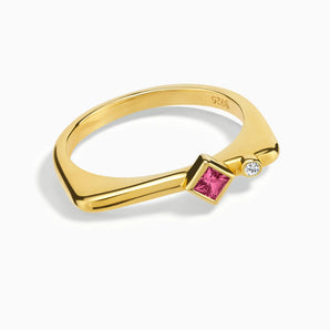 18KT Yellow Gold Vermeil Square Pink Tourmaline Puzzle Stacking Ring - Minimal Light Front View
