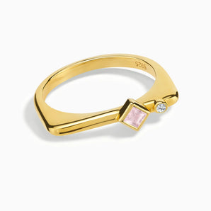 18KT Yellow Gold Vermeil Square Rose Quartz Puzzle Stacking Ring - Minimal Light Front View