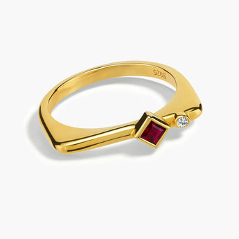 18KT Yellow Gold Vermeil Square Ruby Puzzle Stacking Ring - Minimal Light Front View