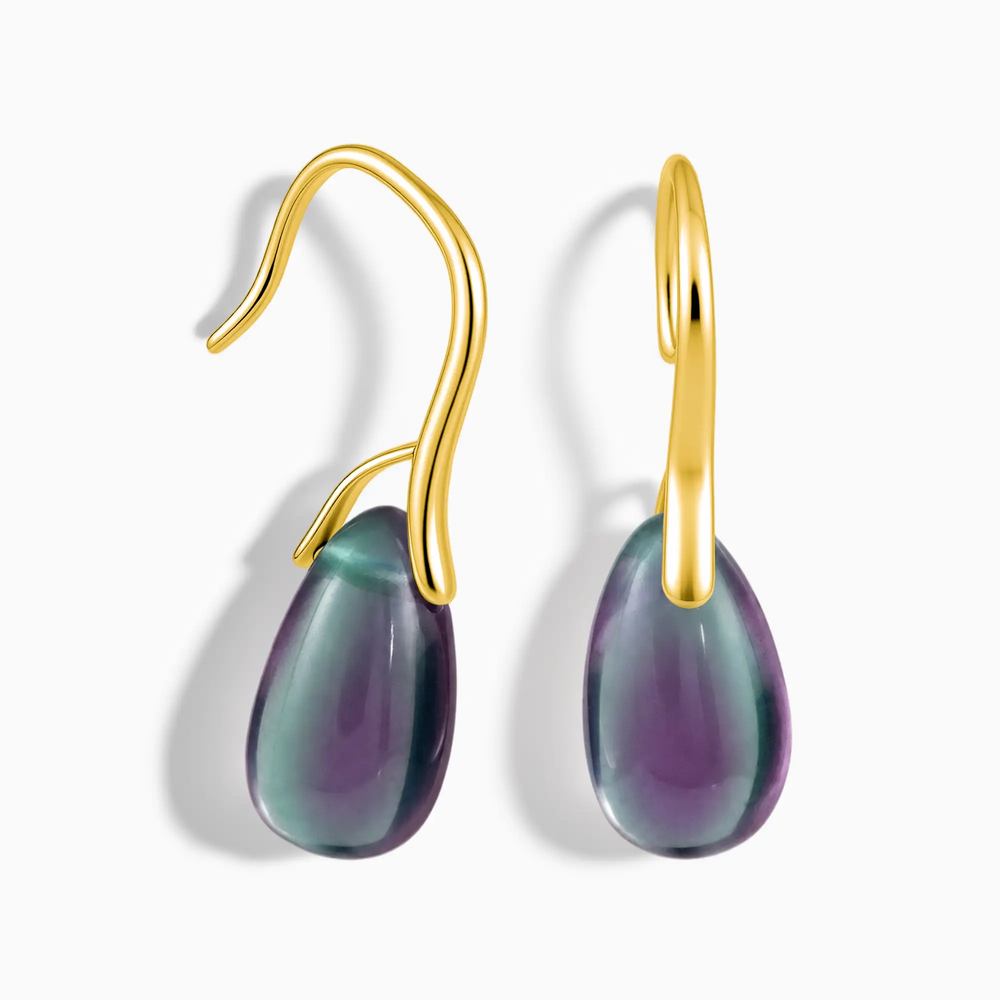 18KT Yellow Gold Vermeil Teardrop Alexandrite Dangle Earrings - Dew Arc Front View