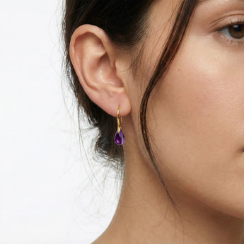 18KT Yellow Gold Vermeil Teardrop Amethyst Dangle Earrings - Dew Arc Model Shot