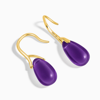 18KT Yellow Gold Vermeil Teardrop Amethyst Dangle Earrings - Dew Arc Side View
