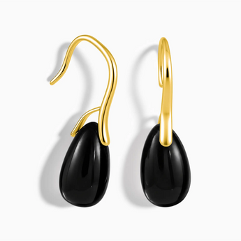 18KT Yellow Gold Vermeil Teardrop Black Onyx Dangle Earrings - Dew Arc Front View