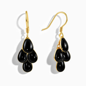 18KT Yellow Gold Vermeil Teardrop Black Onyx Dangle Earrings - Petal Rain Front View