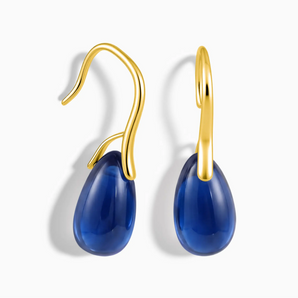 18KT Yellow Gold Vermeil Teardrop Blue Sapphire Dangle Earrings - Dew Arc Front View