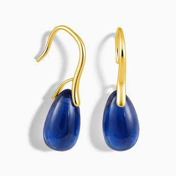 18KT Yellow Gold Vermeil Teardrop Blue Sapphire Dangle Earrings - Dew Arc Front View
