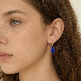 18KT Yellow Gold Vermeil Teardrop Lapis Lazuli Dangle Earrings - Petal Rain Model Shot
