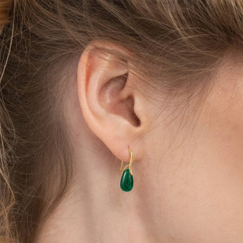 18KT Yellow Gold Vermeil Teardrop Malachite Dangle Earrings - Dew Arc Model Shot