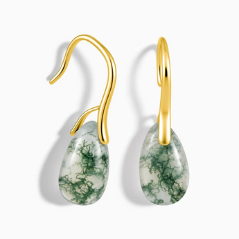 18KT Yellow Gold Vermeil Teardrop Moss Agate Dangle Earrings - Dew Arc Front View