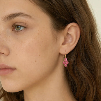 18KT Yellow Gold Vermeil Teardrop Pink Tourmaline Dangle Earrings - Petal Rain Model Shot