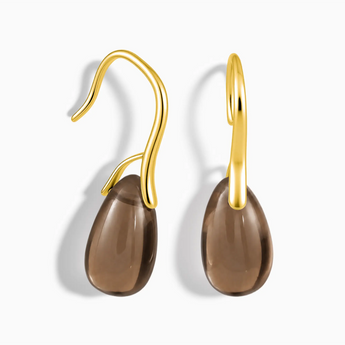 18KT Yellow Gold Vermeil Teardrop Smoky Quartz Dangle Earrings - Dew Arc Front View