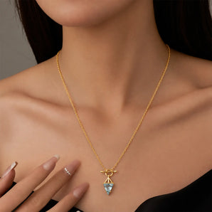 18KT Yellow Gold Vermeil Triangle Aquamarine Toggle Clasp Necklace - Pendulum Model Shot