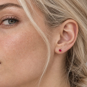 18KT Yellow Gold Vermeil Triangle Ruby Solitaire Stud Earrings - Gentle Resolve Model Shot