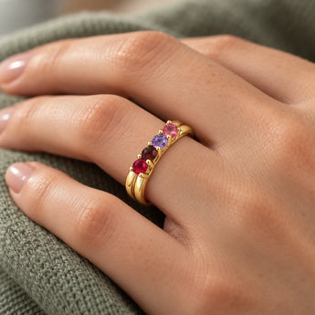 18KT Yellow Gold Vermeil Velvet Majesty Four Round Stone Crossover Ring - Seasons Rhythm Wearing Detail
