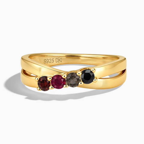 18KT Yellow Gold Vermeil Vintage Burgundy Four Round Stone Crossover Ring - Seasons Rhythm Front View