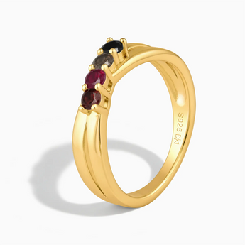 18KT Yellow Gold Vermeil Vintage Burgundy Four Round Stone Crossover Ring - Seasons Rhythm Side View