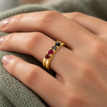 18KT Yellow Gold Vermeil Vintage Burgundy Four Round Stone Crossover Ring - Seasons Rhythm Wearing Detail