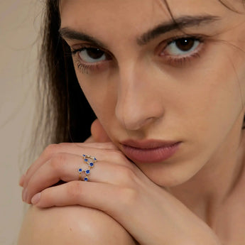 18KT Yellow Gold Vermeil Virgo Zodiac Constellation Ring - Blue Sapphire Worn View
