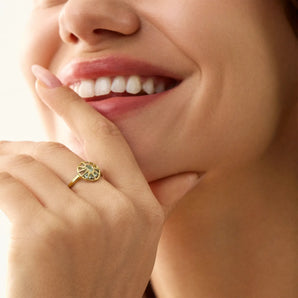 18KT Yellow Gold Vermeil Worn View Green Amethyst Crescent Moon Hollow Oval Shaker Ring - Soul Cage