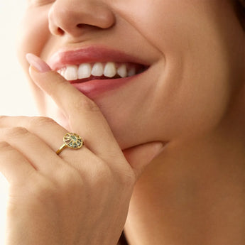18KT Yellow Gold Vermeil Worn View Green Amethyst Crescent Moon Hollow Oval Shaker Ring - Soul Cage
