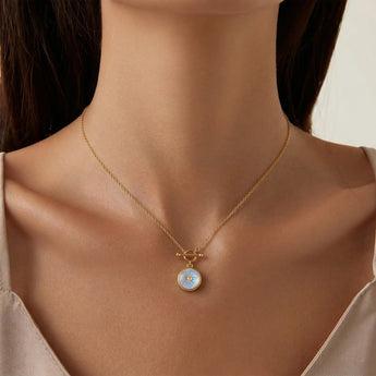 Round Moonstone Toggle Clasp Necklace - Inner Sun 18KT Yellow Gold Vermeil Model Shot