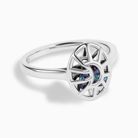 925 Sterling Silver Alexandrite Crescent Moon Hollow Oval Shaker Ring - Soul Cage Angled Front View