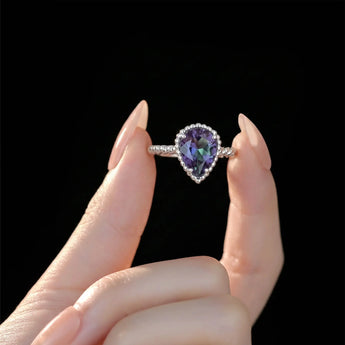 925 Sterling Silver Alexandrite Pear Ring - Still Light Hand-Held Shot
