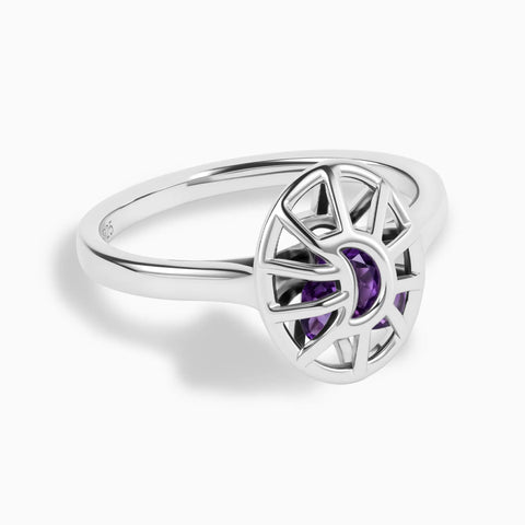 925 Sterling Silver Amethyst Crescent Moon Hollow Oval Shaker Ring - Soul Cage Angled Front View