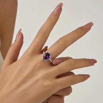925 Sterling Silver Amethyst Pear Ring - Still Light Worn View