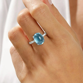 925 Sterling Silver Aquamarine Cabochon Ring - Minimal Spiritual Worn View