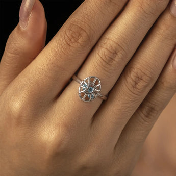 925 Sterling Silver Aquamarine Crescent Moon Hollow Oval Shaker Ring - Soul Cage Worn View