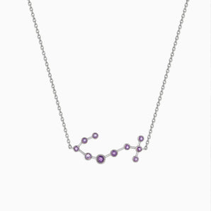 925 Sterling Silver Aquarius Zodiac Constellation Necklace - Amethyst Front View