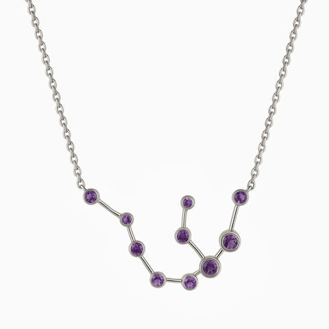 925 Sterling Silver Aquarius Zodiac Constellation Necklace - Amethyst Front View