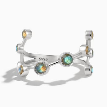 925 Sterling Silver Aquarius Zodiac Constellation Ring - Labradorite Front View