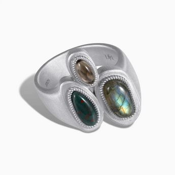 925 Sterling Silver Asymmetrical Labradorite & Bloodstone Vintage Ring - Archipelago Front View