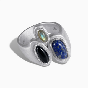 925 Sterling Silver Asymmetrical Lapis Lazuli & Black Onyx Vintage Ring - Archipelago Front View