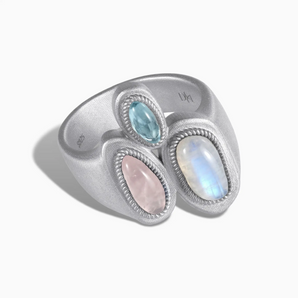 925 Sterling Silver Asymmetrical Moonstone & Rose Quartz Vintage Ring - Archipelago Front View