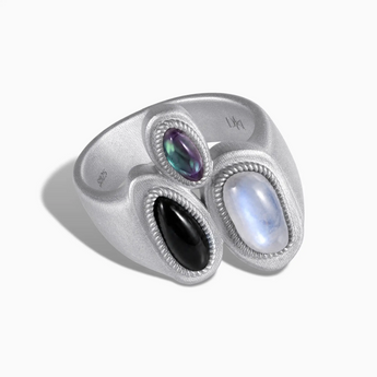 925 Sterling Silver Asymmetrical Moonstone & Black Onyx Vintage Ring - Archipelago Front View