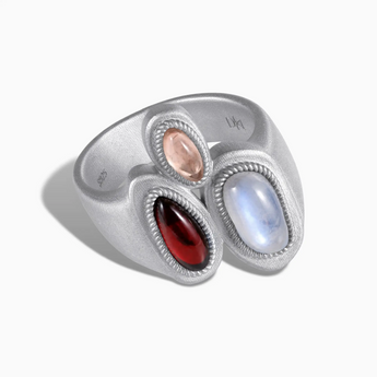 925 Sterling Silver Asymmetrical Moonstone & Ruby Vintage Ring - Archipelago Front View