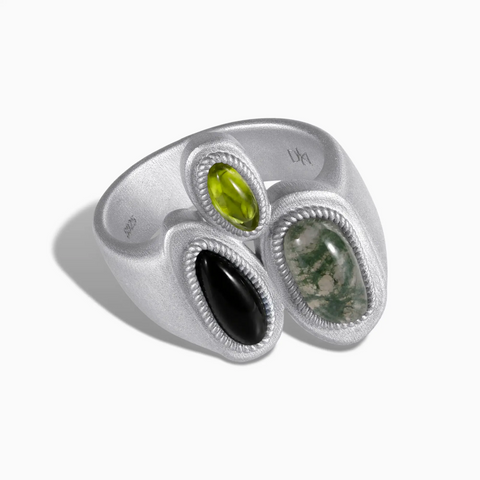 925 Sterling Silver Asymmetrical Moss Agate & Black Onyx Vintage Ring - Archipelago Front View