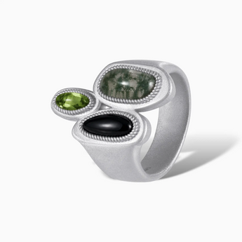 925 Sterling Silver Asymmetrical Moss Agate & Black Onyx Vintage Ring - Archipelago Side View
