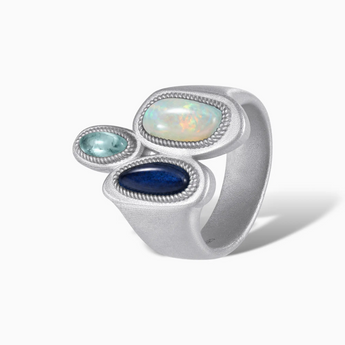 925 Sterling Silver Asymmetrical Opal & Blue Sapphire Vintage Ring - Archipelago Side View
