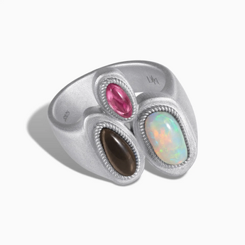 925 Sterling Silver Asymmetrical Opal & Smoky Quartz Vintage Ring - Archipelago Front View