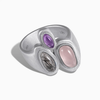 925 Sterling Silver Asymmetrical Rose Quartz & Black Rutilated Quartz Vintage Ring - Archipelago Front View