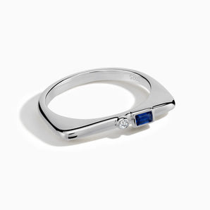 925 Sterling Silver Baguette Blue Sapphire Puzzle Stacking Ring - Minimal Mood Front View