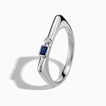 925 Sterling Silver Baguette Blue Sapphire Puzzle Stacking Ring - Minimal Mood Side View