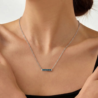 925 Sterling Silver Baguette London Blue Topaz Bar Necklace - Lucid Line Model Shot
