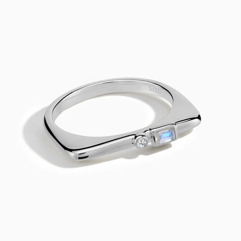 925 Sterling Silver Baguette Moonstone Puzzle Stacking Ring - Minimal Mood Front View
